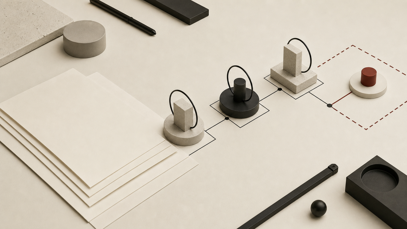 A restrained abstract workbench scene shows checkpoints around an AI product decision object, suggesting where users should trust, review, or ignore model output.