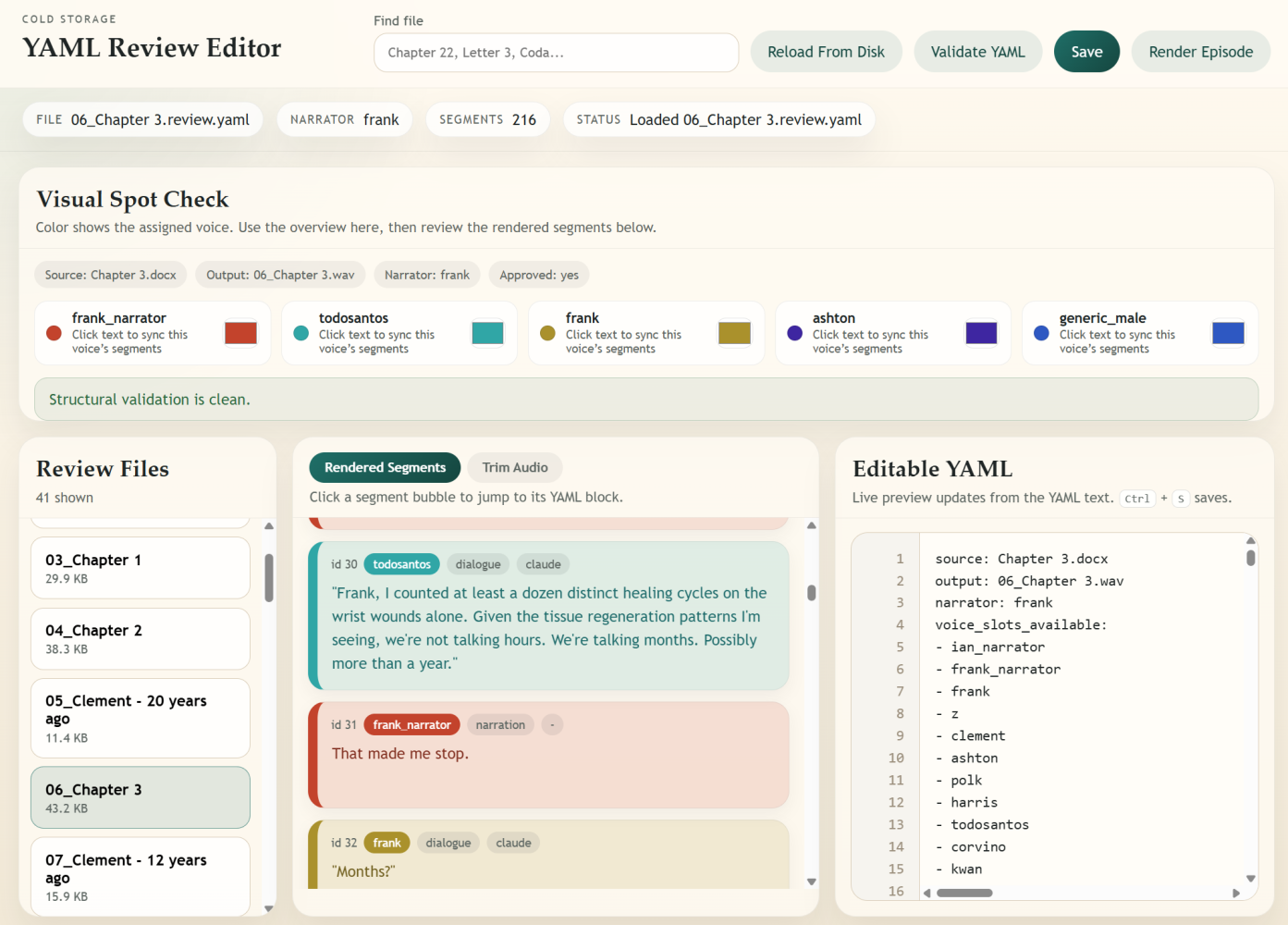 The Compositor YAML review editor for Cold Storage: a visual spot check of voice assignments per chapter, rendered dialogue segments color-coded by character, and the editable YAML source alongside.