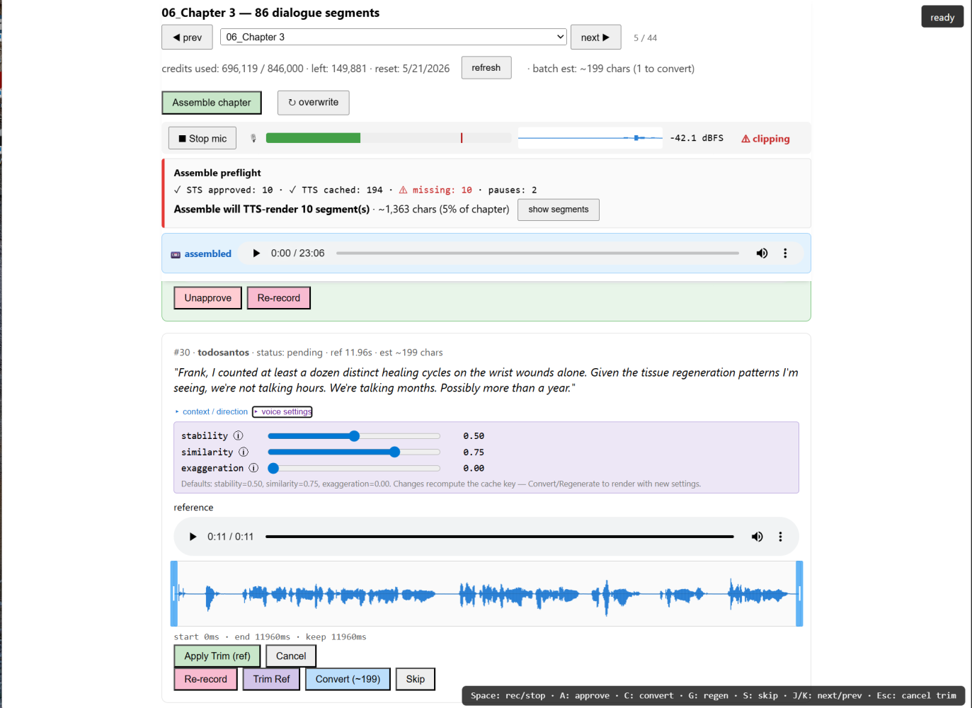 The Compositor recording tool: chapter picker, credit budget and assemble preflight, live mic level meter, a pending dialogue segment with voice settings sliders, and a waveform editor with trim handles.