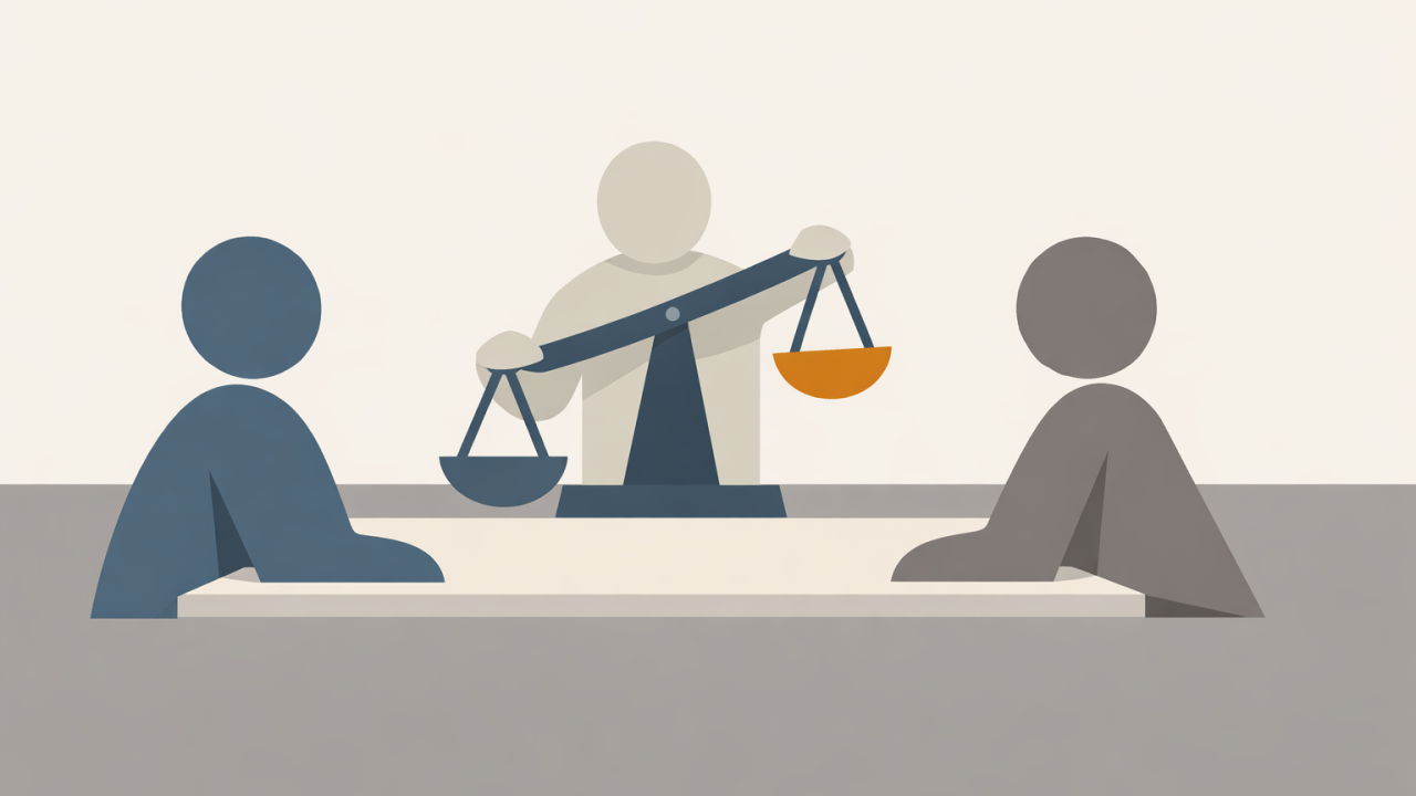 A flat illustration of two figures seated across a table while a third figure between them holds up an unbalanced two-pan scale.