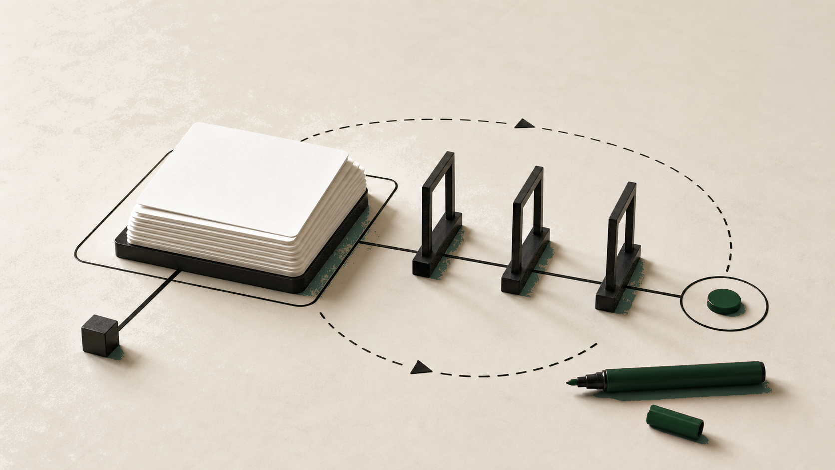 A restrained editorial workbench with abstract product decision paths, review checkpoints, and one oxblood accent marking the scoped AI boundary.