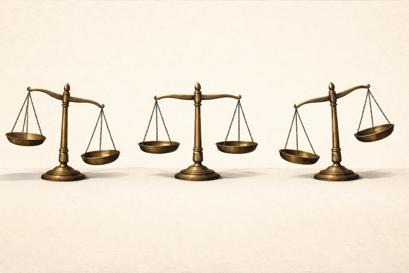 Three brass balance scales side by side on a cream background, each tilted a different way.
